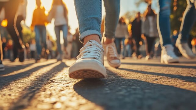 Candid Close-Up of Young People’s Feet in Sneakers Walking on City Street at Sunset