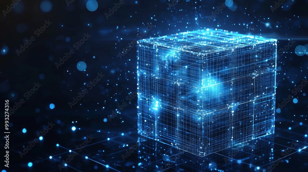 Poster an abstract wireframe cube. a digital blockchain concept. digital blue background with dots and line