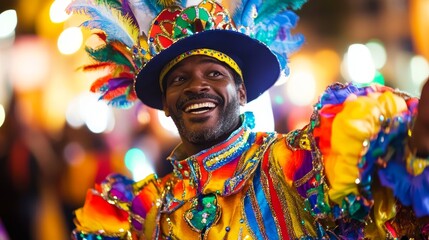 Vibrant South African Man Dancing at Cape Town Minstrel Carnival with Colorful Costume in Joyful Street Celebration Under Bright Lighting