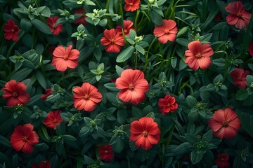 Fototapeta premium Vibrant Red Wildflowers in Lush Green Foliage - Nature Photography for Posters and Print