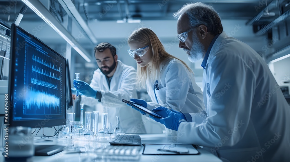 Poster scientists in a laboratory analyzing data and performing experiments