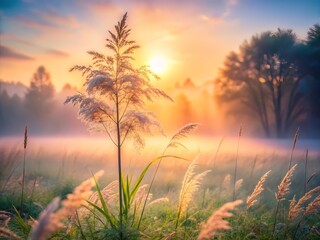 Dreamy ethereal scene featuring a fragile sapling amidst soft feathery grasses and misty sunrise warm pastel hues serene atmosphere