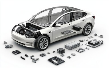 Unveiling the Future: An electric vehicle's intricate components, disassembled to reveal the engineering marvel within.  Innovation in motion!