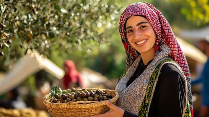 Obraz premium Palestinian Woman in Traditional Attire Harvesting Olives at Outdoor Festival on Sunny Day