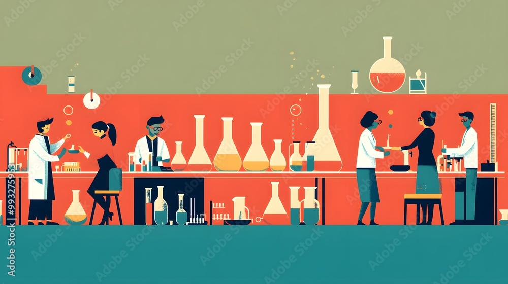 Poster scientists working in a laboratory setting with flasks and test tubes
