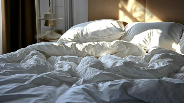 Sunlight streams through the window, illuminating the messy bed in a cozy bedroom