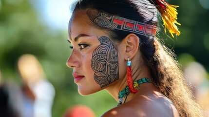 Proud New Zealander Woman with Traditional Maori Tattoo Celebrating Waitangi Day Outdoors on a Sunny Day with Vibrant Colors