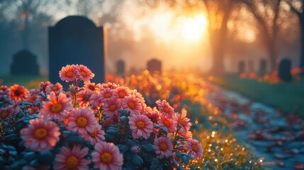 delicate flowers lay gently on a grave symbolizing remembrance and honoring the departed bathed in soft light for a serene and respectful atmosphere