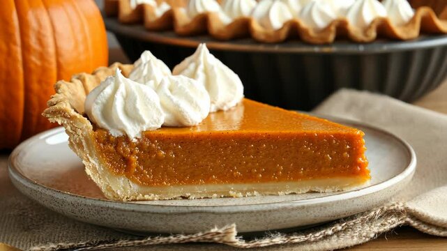 A slice of pumpkin pie topped with whipped cream sits on a plate, ready to be enjoyed