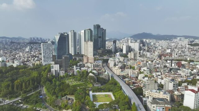 Drone View of Seoul city in South Korea, Hapjeong Station, Hot place, Summer, 60fps