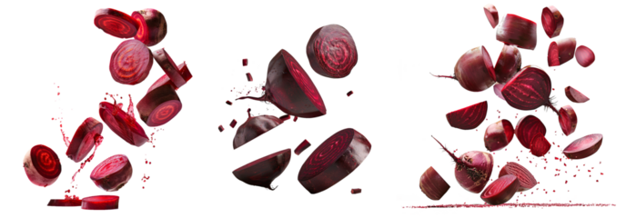 Floating beetroot slices in air, with whole beetroot on isolated transparent background