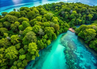 Naklejka premium stunning aerial drone shot of sprawling tree canopy in vibrant emerald green against crystal-clear turquoise ocean with wispy clouds