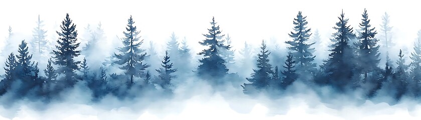 Watercolor Illustration - Enchanting Blue Mist Forest, Serene Woodland Scenery