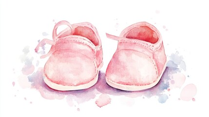 Pink watercolor baby booties illustration with soft pastel tones and splashes of color on a white background