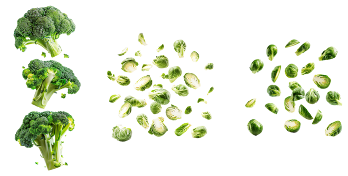 Floating broccoli in air, florets, with whole broccoli on isolated transparent background