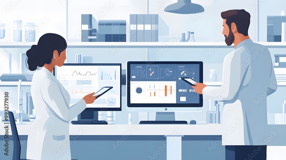 Poster two scientists analyzing data on computer monitors in a laboratory setting