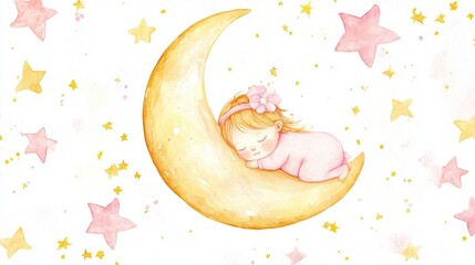 Watercolor illustration of a newborn baby girl sleeping on a crescent moon surrounded by pink and yellow stars on a white background