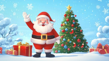Cute cartoon santa claus waving beside decorated christmas tree with gifts and falling snowflakes
