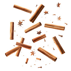 Floating cinnamon sticks in air on isolated transparent background
