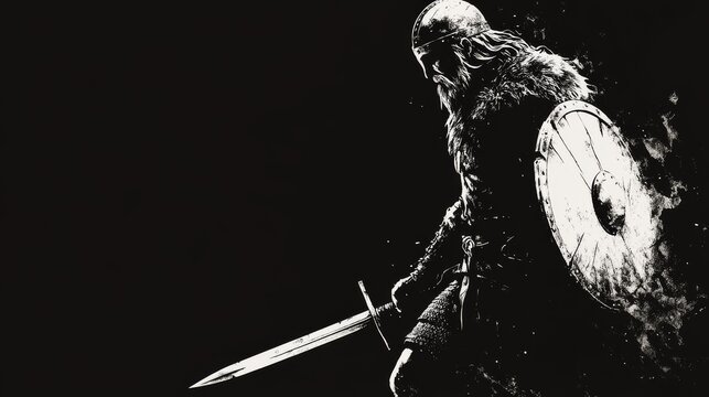 High-contrast white silhouette of a Viking warrior in battle stance holding a sword and shield against a dark background with copy space 