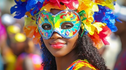 Colorful Mask and Vibrant Costumes: Haitian Woman Celebrating Carnival of Jacmel in Street Parade under Daylight Sky