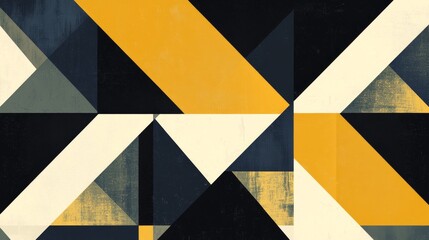 Flat geometric abstract background with triangles and squares in navy blue, mustard yellow, and off-white