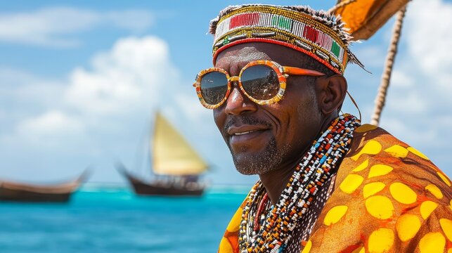 Kenyan Man in Traditional Attire Competing in Dhow Race at Lamu Cultural Festival under Sunny Ocean Backdrop