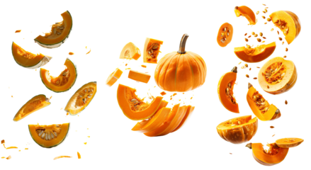 Pumpkin slices with whole pumpkin on isolated transparent background