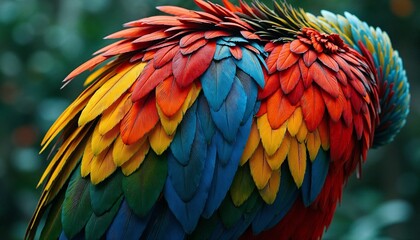 Obraz premium Close-up of a parrot's vibrant feathers in red, yellow, green, and blue showcasing exquisite texture