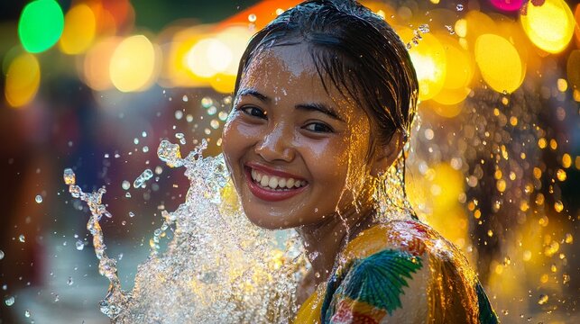 Joyful Burmese Woman Splashing Water at Thingyan Festival Under Bright Outdoor Lighting
