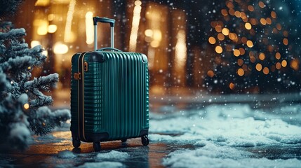 banner of emerald suitcase on winter background in airport , concept of Christmas holiday