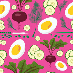 Lithuanian cold seamless beet soup. Pink soup ingredients. Egg, beetroot, cucumber, onion and dill. Isolated on light pink background.