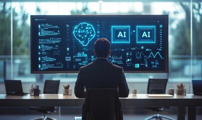 Man looking at AI data on monitor.