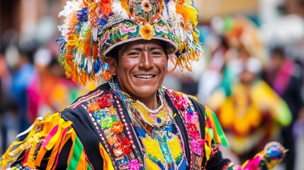 Vibrant Bolivian Man in Traditional Costume Dancing at Oruro Carnival Under Daylight Sky