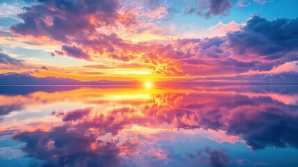 A vibrant sunset over a calm lake, with reflections of colorful clouds mirrored on the surface, showcasing beauty in vivid detail.