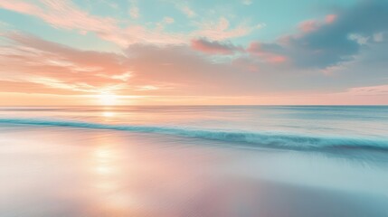 Fototapeta premium Close-up of sandy beach by the sea. Panoramic view of the beach landscape. Inspiring tropical shoreline and seascape with a distant horizon. Vibrant orange and golden hues of the sunset sky