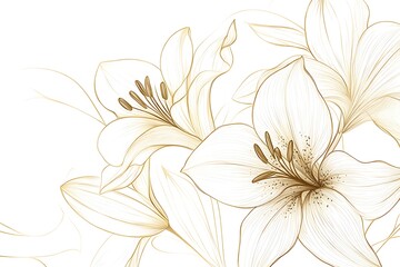 Golden lily flowers line art isolated on white background. Luxury lilies floral design elements for invitation, wedding, wallpaper, print template