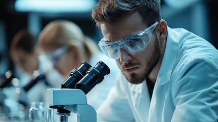 Young scientists are performing research in a medical laboratory, with a researcher in the foreground examining samples under a microscope