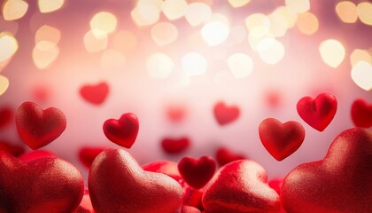 Valentine's Day background banner. abstract panorama background with red hearts concept love. wooden heart and bokeh lights on a string isolated on red texture, with space for text