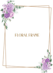 Watercolor floral frame background with golden frame
