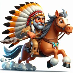 Cartoon artistic illustration of a Native American man wearing a feathered headdress and riding a horse. 3d Generative aI