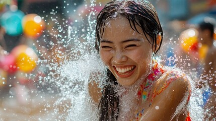 Obraz premium Joyful Thai Woman Splashing Water at Songkran Festival Street Celebration