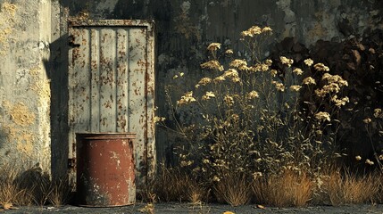 Rusty Metal Door and Overgrown Weeds in Abandoned Building