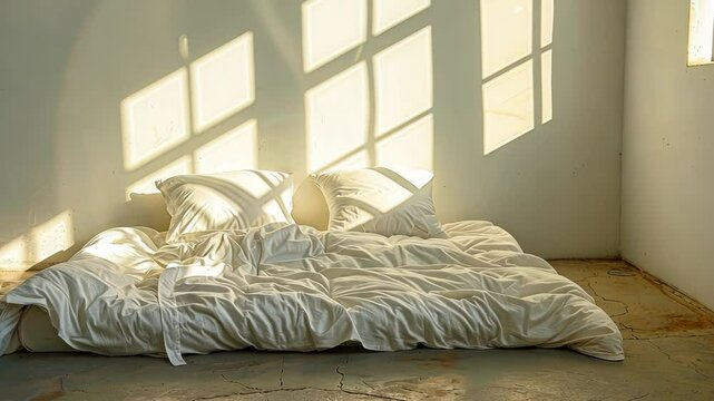 A white bed sits in the corner of a room, bathed in the warm glow of the sun streaming through a nearby window
