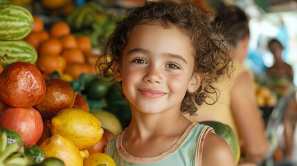 Cheerful girl smiling among colorful fruits at a market