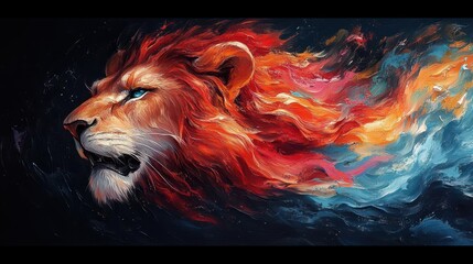 dynamic abstract representation of a lions spirit using bold expressive brushstrokes and vibrant colors symbolizing raw power and untamed energy