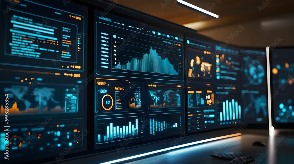 Poster multiple monitors displaying digital data and graphs in a dark room