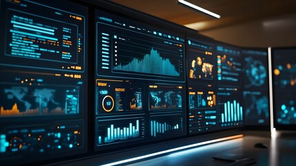Obraz premium Multiple Monitors Displaying Digital Data and Graphs in a Dark Room