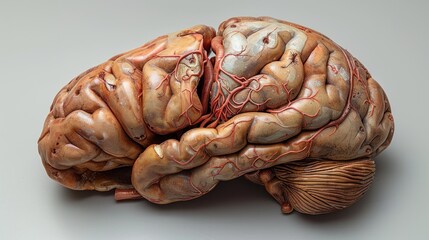 Anatomical study of a human brain with intricate blood vessels displayed on a neutral background. Generative AI