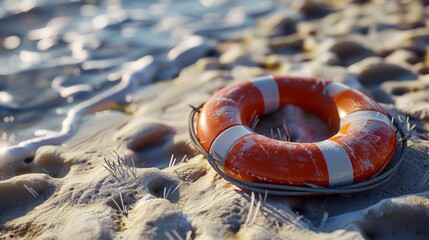 Orange life buoy lying on the sandy beach near the water. Lifesaving equipment concept.
